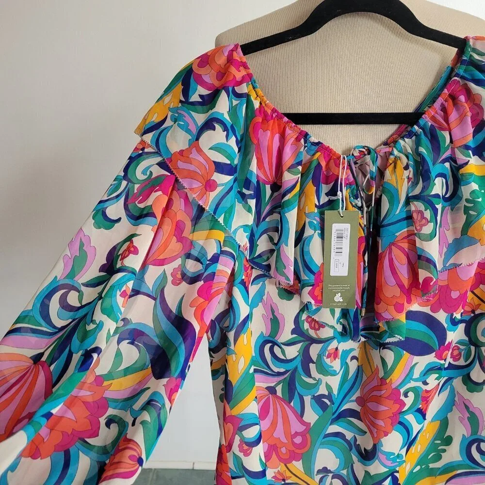 Trina Turk Tanvi Anila Floral Balloon Sleeve Blouse (Size: Medium)